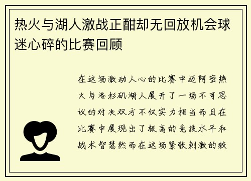 热火与湖人激战正酣却无回放机会球迷心碎的比赛回顾